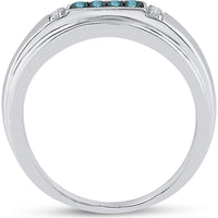 GND 10K White Gold 8mm Band Ring with Pave-Set Blue and White Diamonds - 1/3 Carat Total Diamond Weight