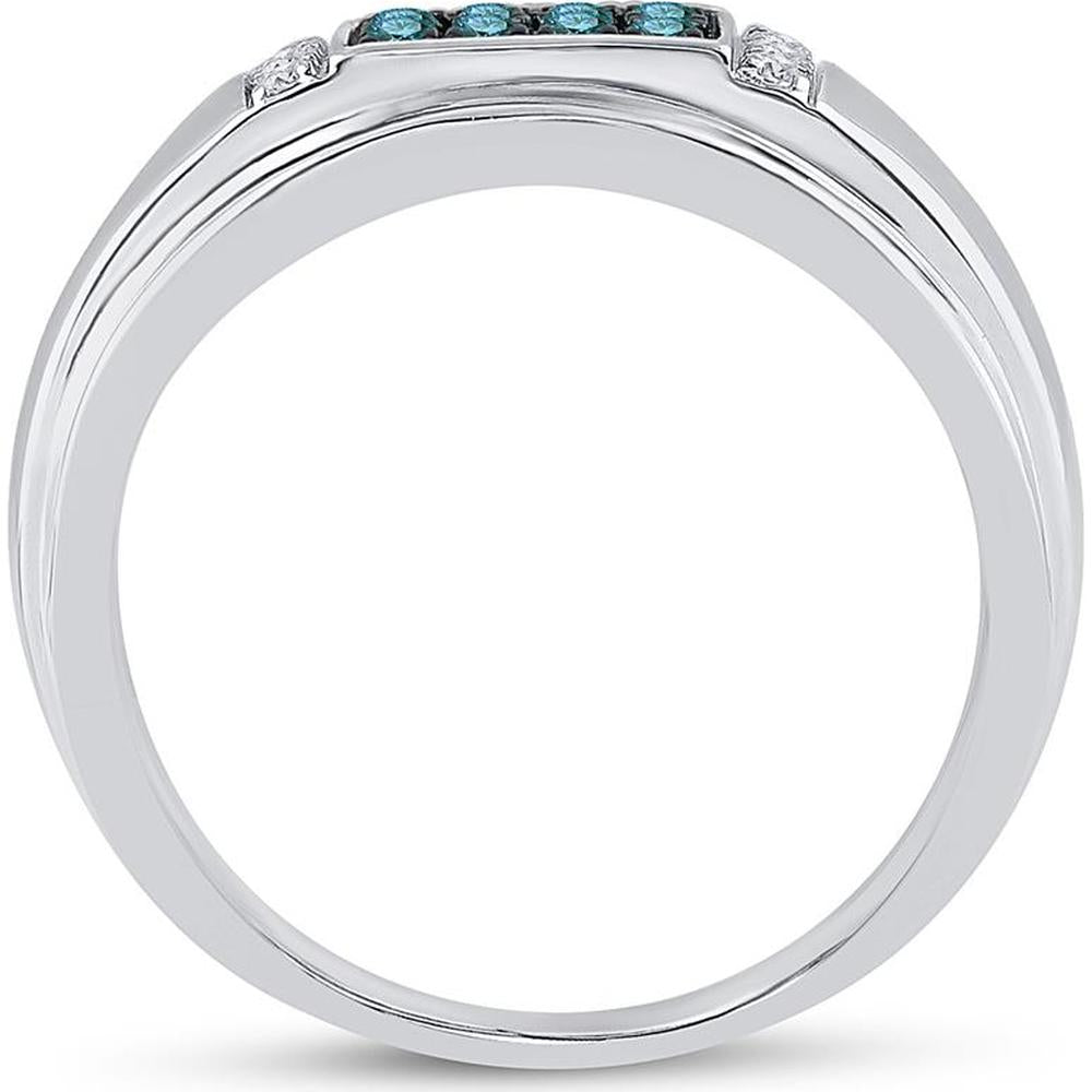 GND 10K White Gold 8mm Band Ring with Pave-Set Blue and White Diamonds - 1/3 Carat Total Diamond Weight