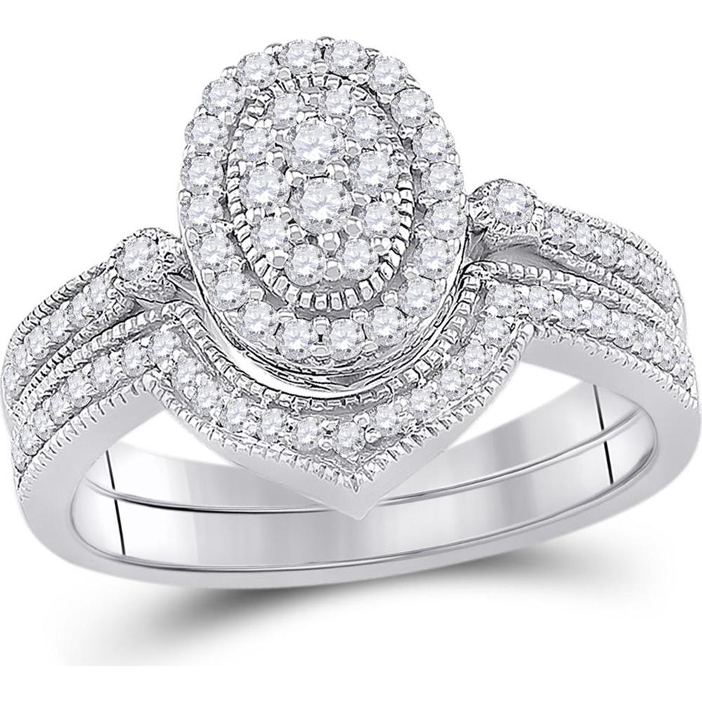 GND 10K White Gold Bridal Set with Oval Cluster of Round Diamonds - 1/2 Carat Total Diamond Weight