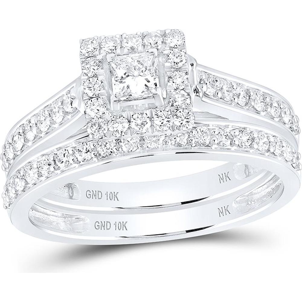 GND 10K White Gold Bridal Wedding Ring Set with 0.20 Carat Princess Diamond and 0.72 Carat Round Diamonds - 7/8 Total Carat Weight