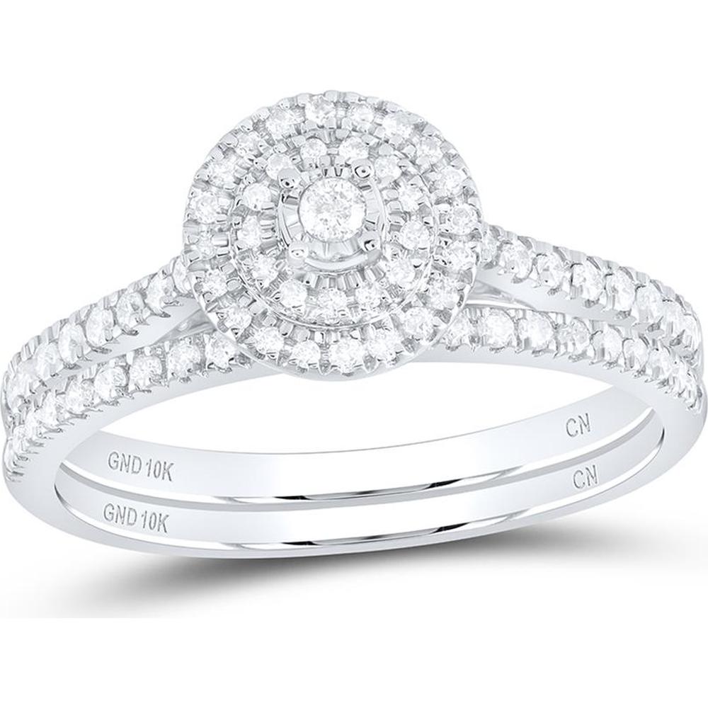 GND 10K White Gold Bridal Wedding Ring Set with Bezel-Set Round Diamond and Pave Diamonds - 1/3 Total Carat Weight