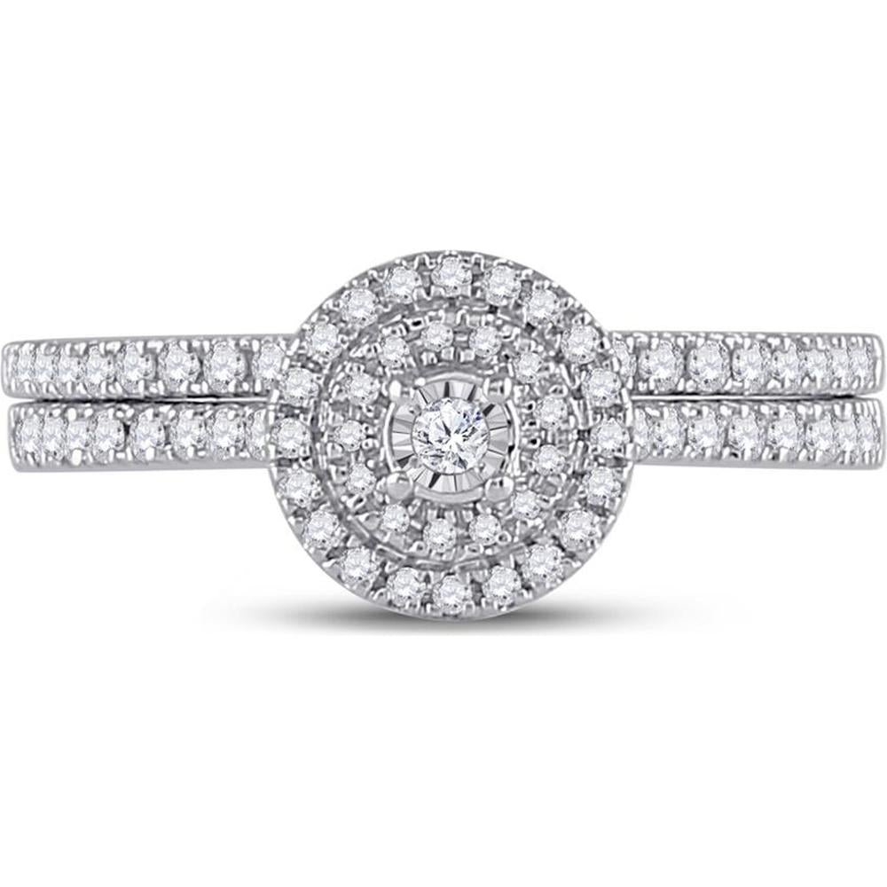 GND 10K White Gold Bridal Wedding Ring Set with Bezel-Set Round Diamond and Pave Diamonds - 1/3 Total Carat Weight