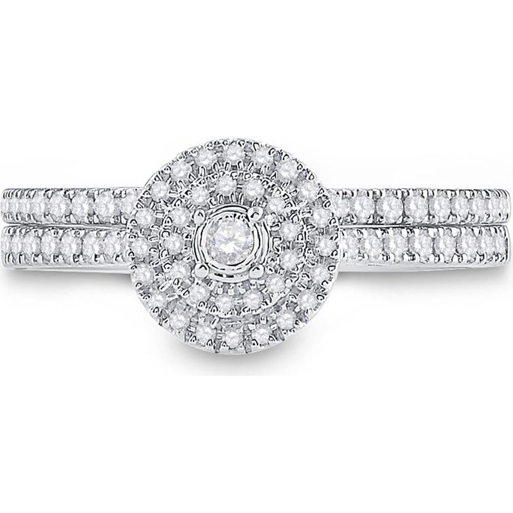 GND 10K White Gold Bridal Wedding Ring Set with Bezel-Set Round Diamond and Pave Diamonds - 1/3 Total Carat Weight