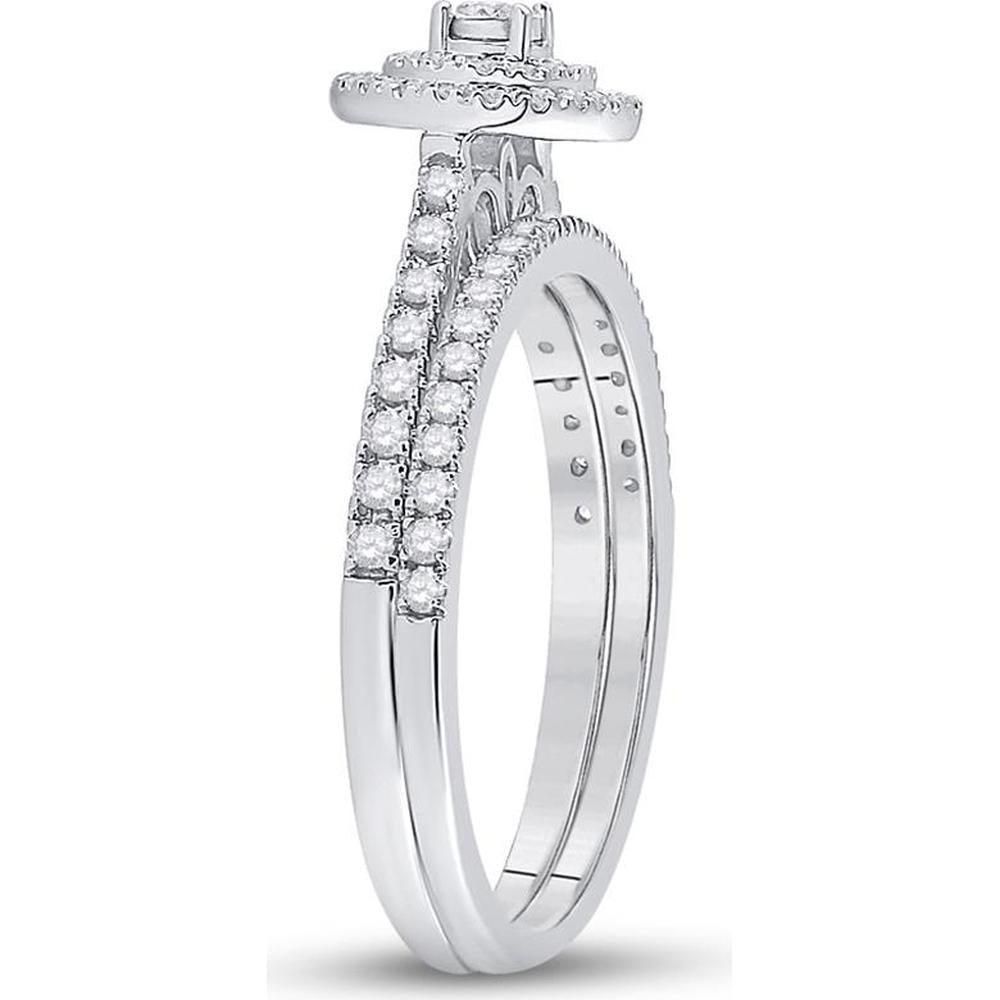 GND 10K White Gold Bridal Wedding Ring Set with Bezel-Set Round Diamond and Pave Diamonds - 1/3 Total Carat Weight