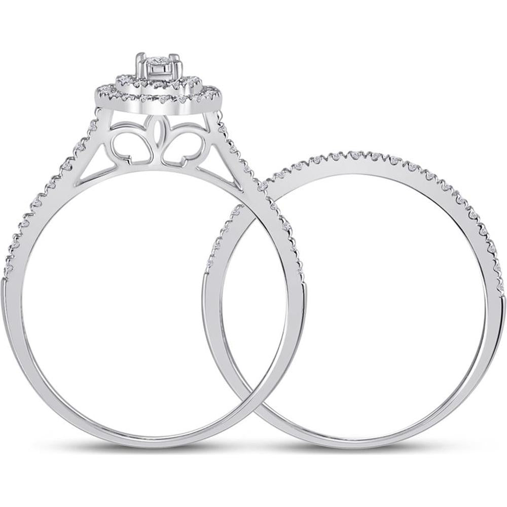 GND 10K White Gold Bridal Wedding Ring Set with Bezel-Set Round Diamond and Pave Diamonds - 1/3 Total Carat Weight