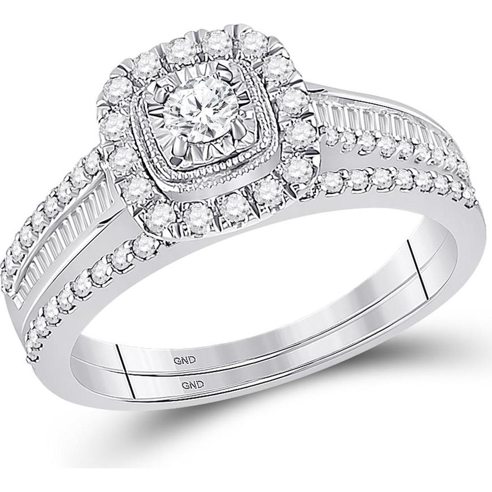 GND 10K White Gold Bridal Wedding Ring Set with Illusion-Set Round and Baguette Diamonds - 5/8 Total Carat Weight