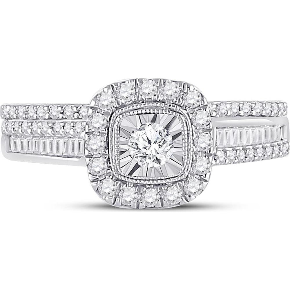 GND 10K White Gold Bridal Wedding Ring Set with Illusion-Set Round and Baguette Diamonds - 5/8 Total Carat Weight