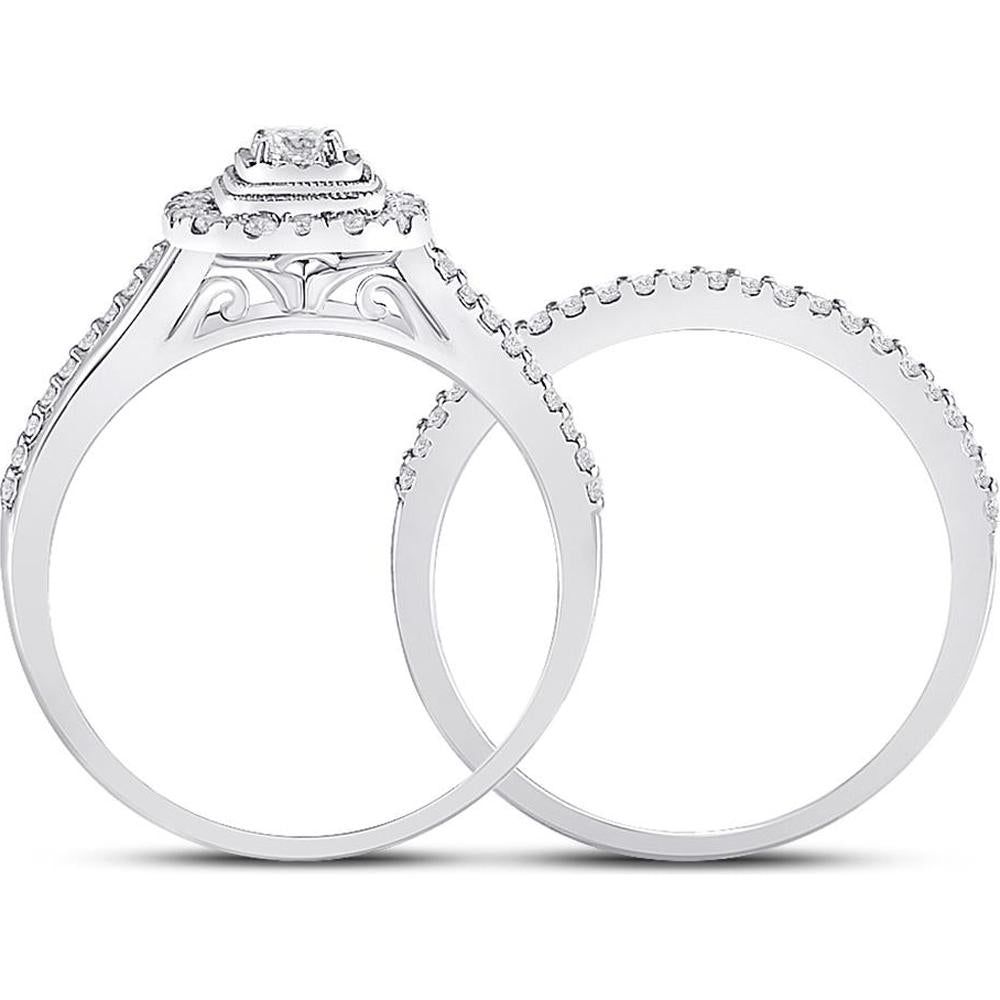 GND 10K White Gold Bridal Wedding Ring Set with Illusion-Set Round and Baguette Diamonds - 5/8 Total Carat Weight