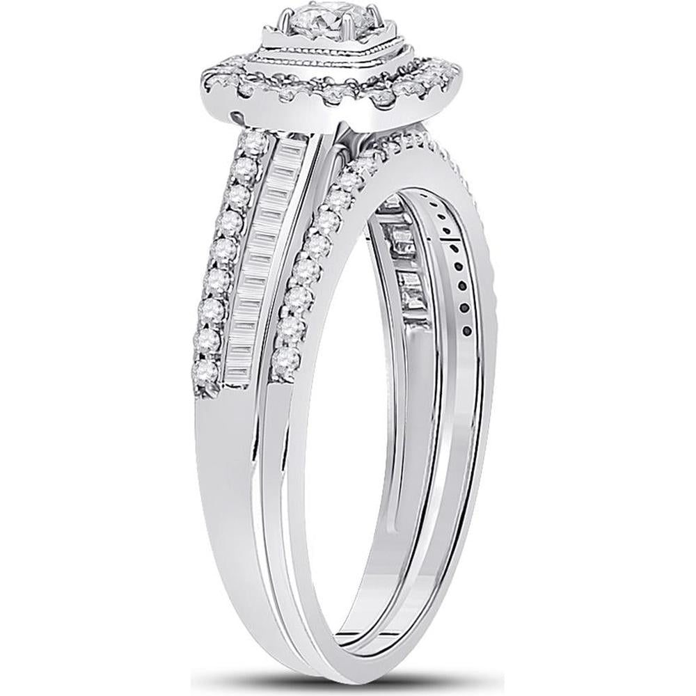GND 10K White Gold Bridal Wedding Ring Set with Illusion-Set Round and Baguette Diamonds - 5/8 Total Carat Weight