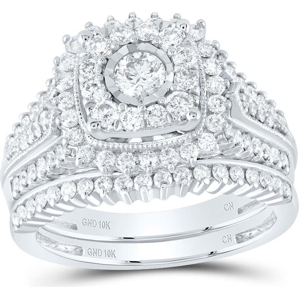 GND 10K White Gold Bridal Wedding Ring Set with Illusion Set Round Diamond and Prong Set Halo – 1.25 Carat Total Diamond Weight