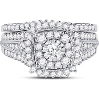GND 10K White Gold Bridal Wedding Ring Set with Illusion Set Round Diamond and Prong Set Halo – 1.25 Carat Total Diamond Weight