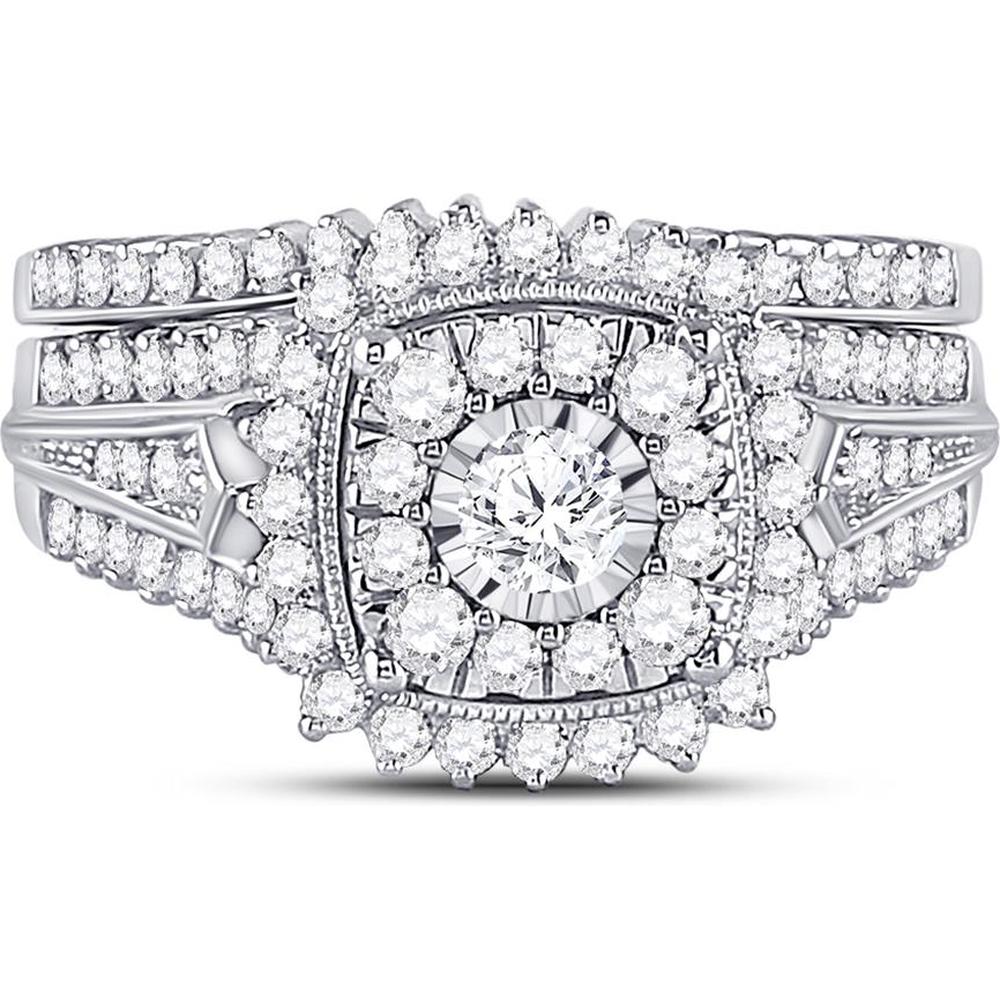 GND 10K White Gold Bridal Wedding Ring Set with Illusion Set Round Diamond and Prong Set Halo – 1.25 Carat Total Diamond Weight
