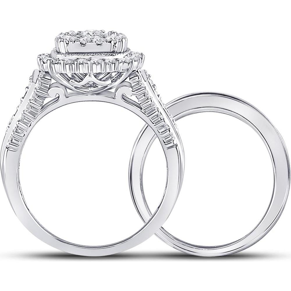 GND 10K White Gold Bridal Wedding Ring Set with Illusion Set Round Diamond and Prong Set Halo – 1.25 Carat Total Diamond Weight