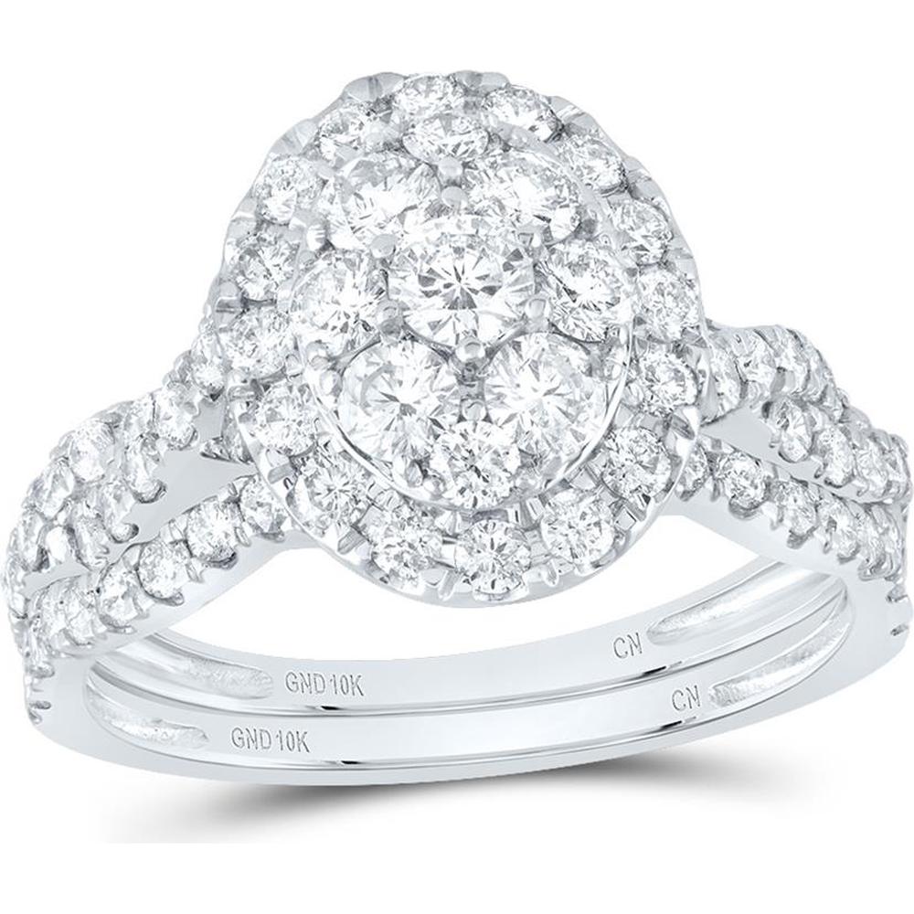 GND 10K White Gold Bridal Wedding Ring Set with Oval Cluster of Round Diamonds - 1 1/2 Total Carat Weight.