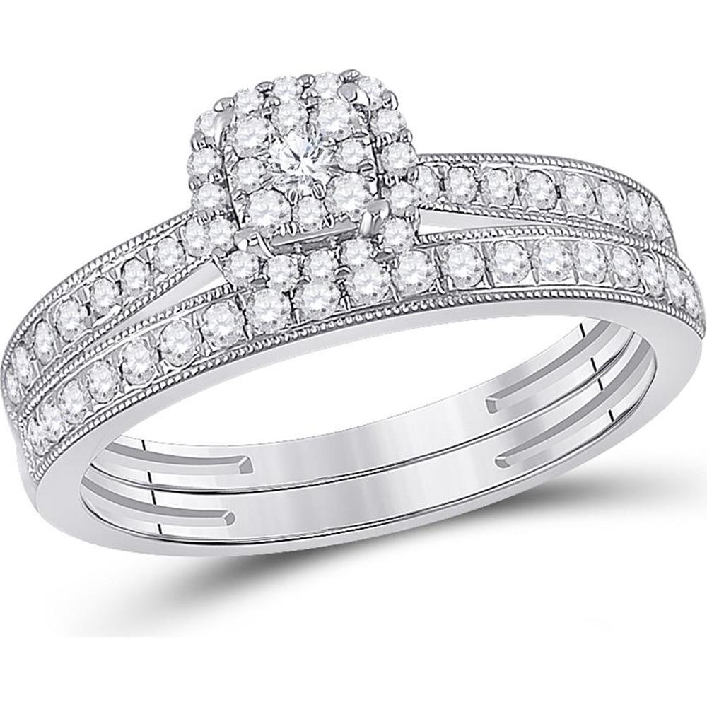 GND 10K White Gold Bridal Wedding Ring Set with Pave-Set Round Diamonds - 1/2 Carat Total Diamond Weight