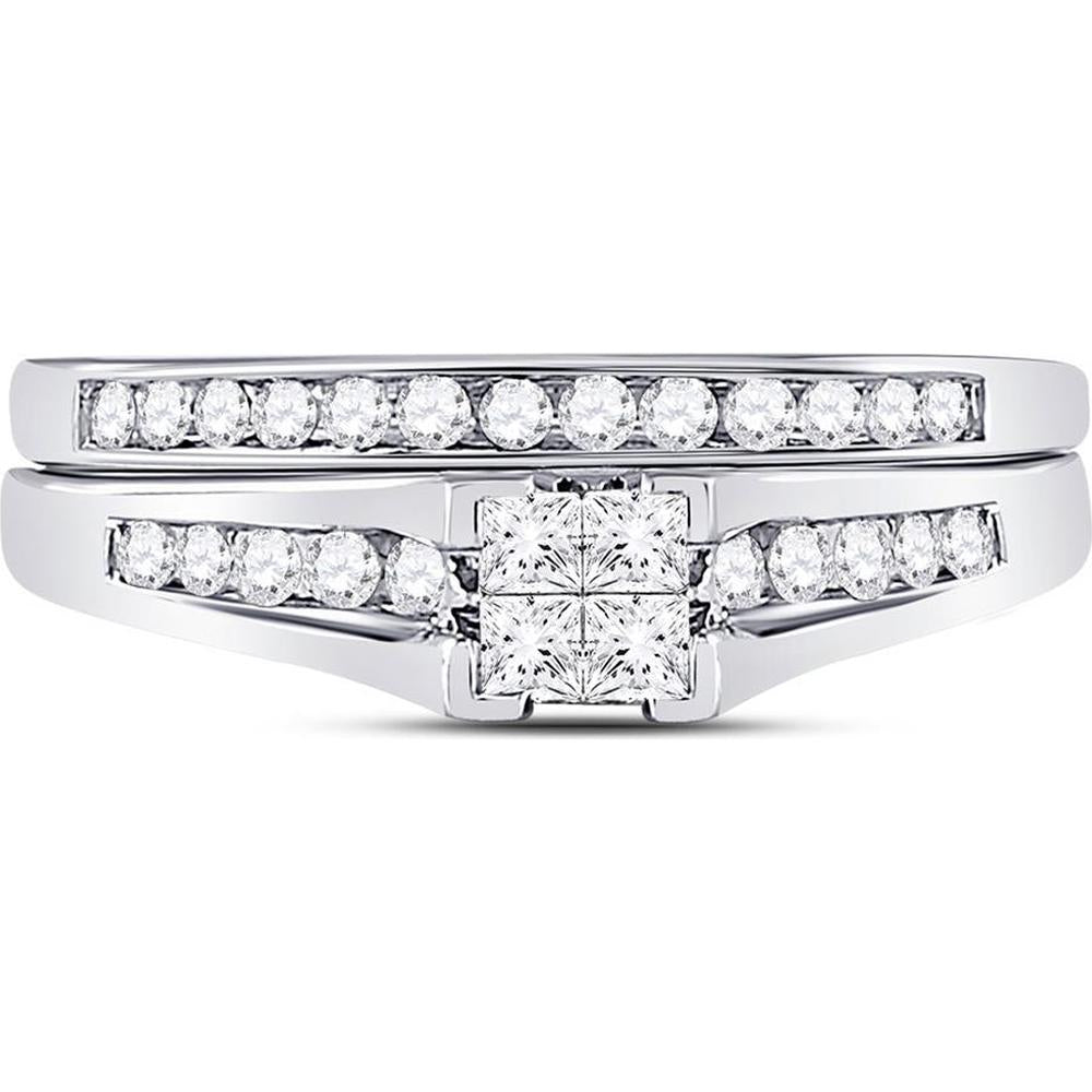 GND 10K White Gold Bridal Wedding Ring Set with Princess and Round Diamonds - 1/2 Total Carat Weight