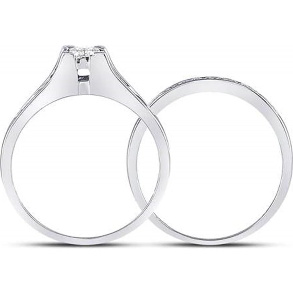 GND 10K White Gold Bridal Wedding Ring Set with Princess and Round Diamonds - 1/2 Total Carat Weight