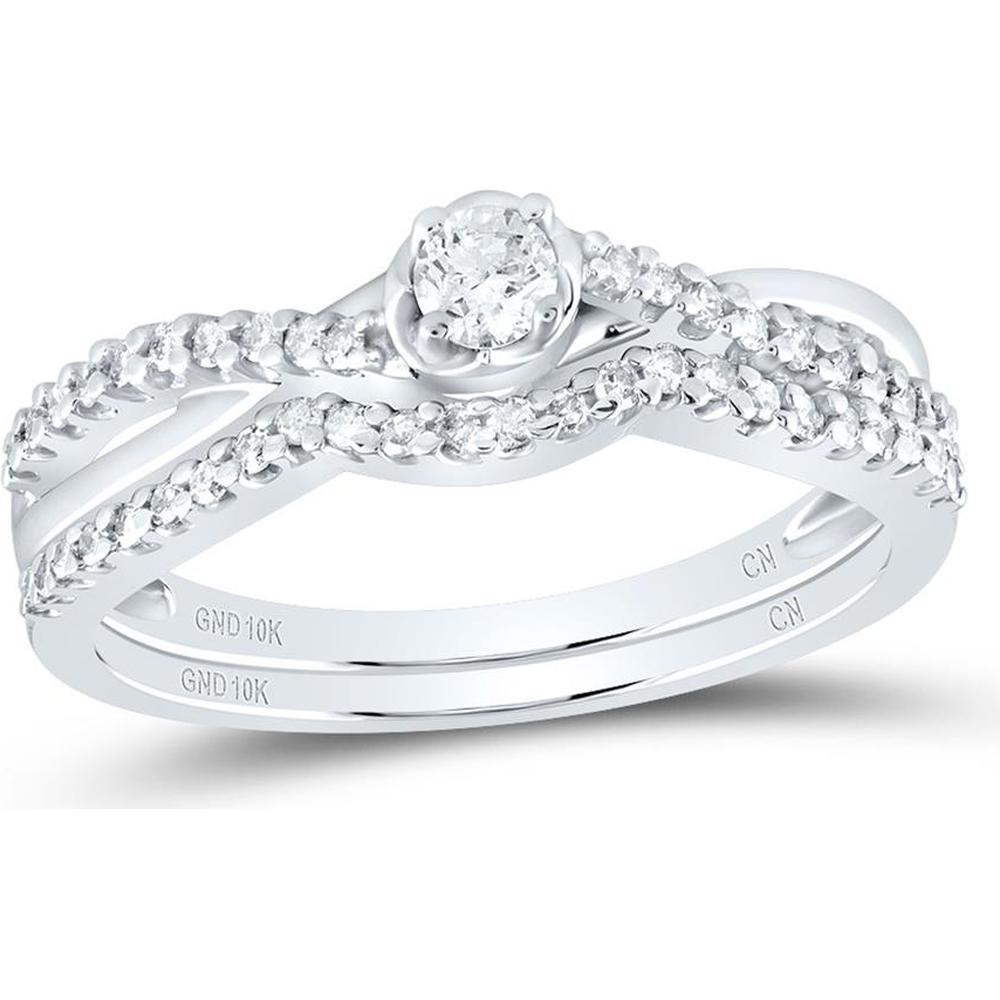 GND 10K White Gold Bridal Wedding Ring Set with Prong-Set and Pave-Set Round Diamonds - 1/3 Total Carat Weight