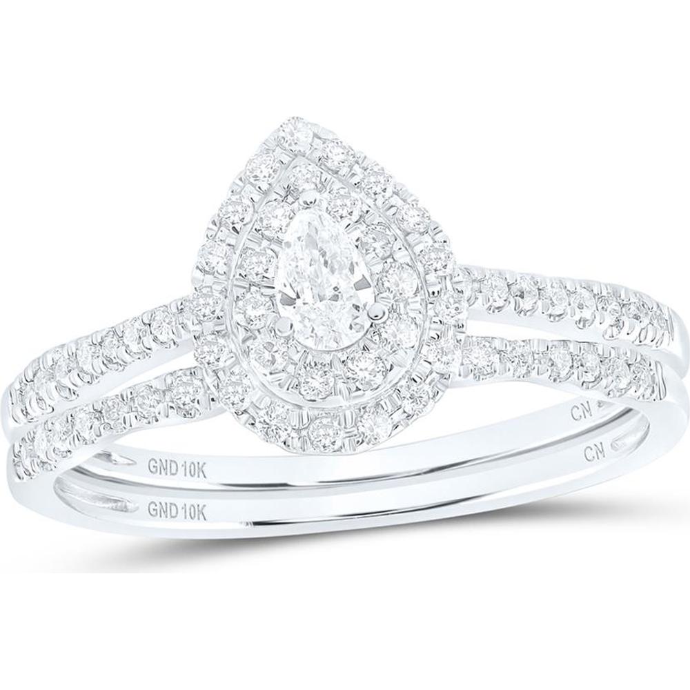 GND 10K White Gold Bridal Wedding Ring Set with Prong-Set Pear Diamond Halo and Round Diamond Accents – 0.38 Carat Total Diamond Weight