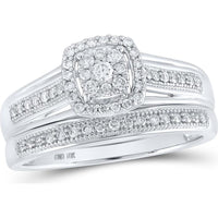 GND 10K White Gold Bridal Wedding Ring Set with Prong-Set Round Diamond Cluster - 1/3 Total Carat Weight