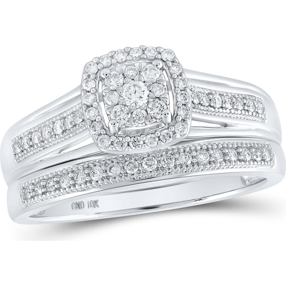 GND 10K White Gold Bridal Wedding Ring Set with Prong-Set Round Diamond Cluster - 1/3 Total Carat Weight