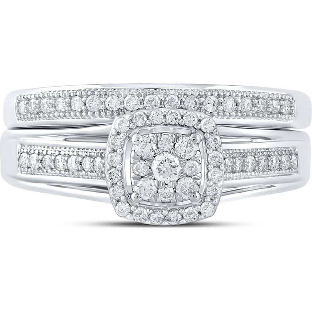 GND 10K White Gold Bridal Wedding Ring Set with Prong-Set Round Diamond Cluster - 1/3 Total Carat Weight
