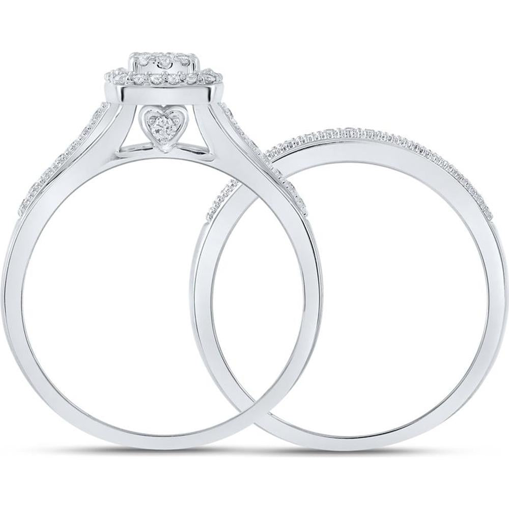 GND 10K White Gold Bridal Wedding Ring Set with Prong-Set Round Diamond Cluster - 1/3 Total Carat Weight