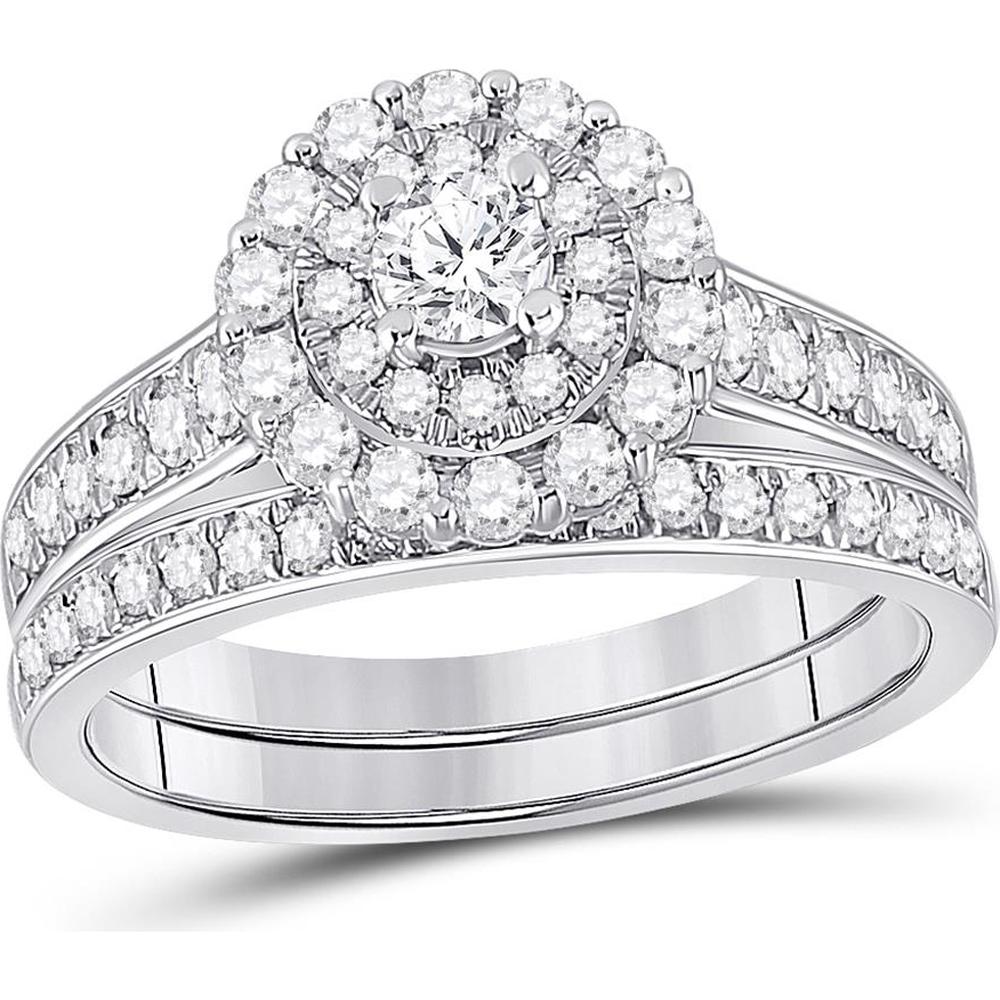 GND 10K White Gold Bridal Wedding Ring Set with Prong Set Round Diamonds - 1.00 Carat Total Diamond Weight