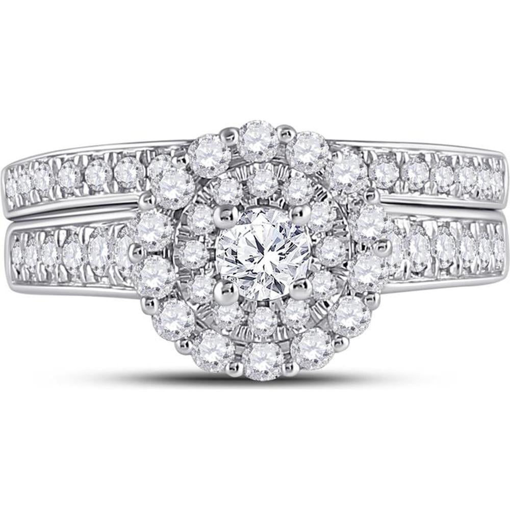 GND 10K White Gold Bridal Wedding Ring Set with Prong Set Round Diamonds - 1.00 Carat Total Diamond Weight