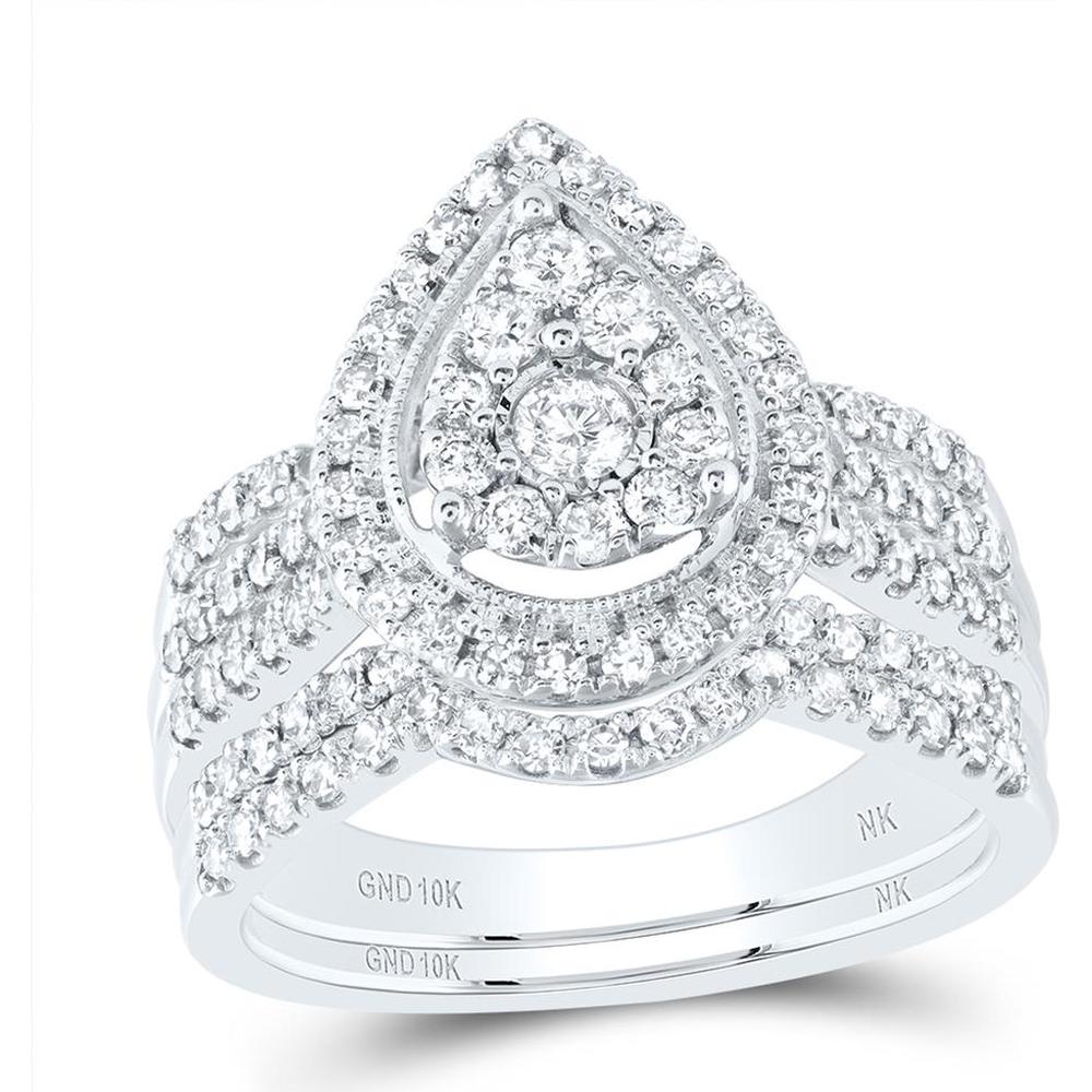 GND 10K White Gold Bridal Wedding Ring Set with Prong-Set Round Diamonds in Teardrop Halo - 1 Carat Total Diamond Weight