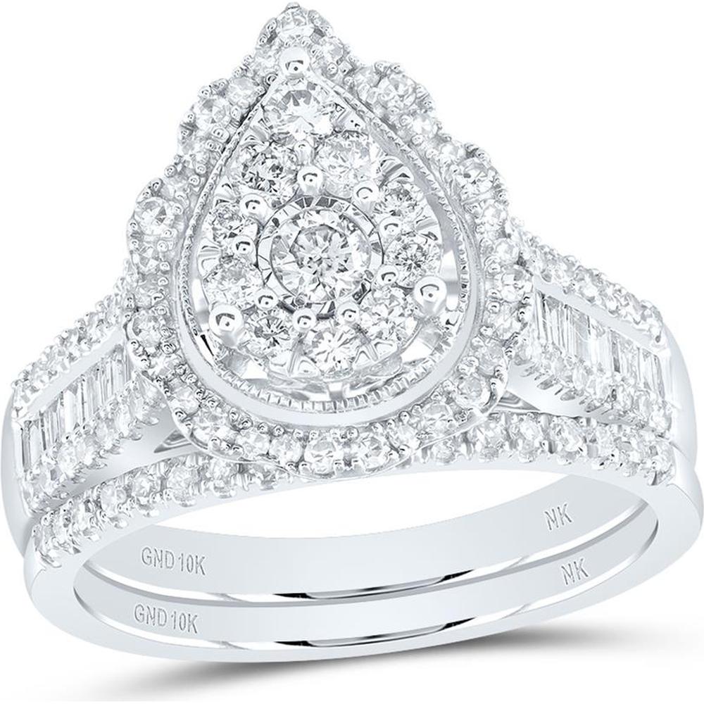 GND 10K White Gold Bridal Wedding Ring Set with Round and Baguette Diamonds - 1.0 Carat Total Diamond Weight