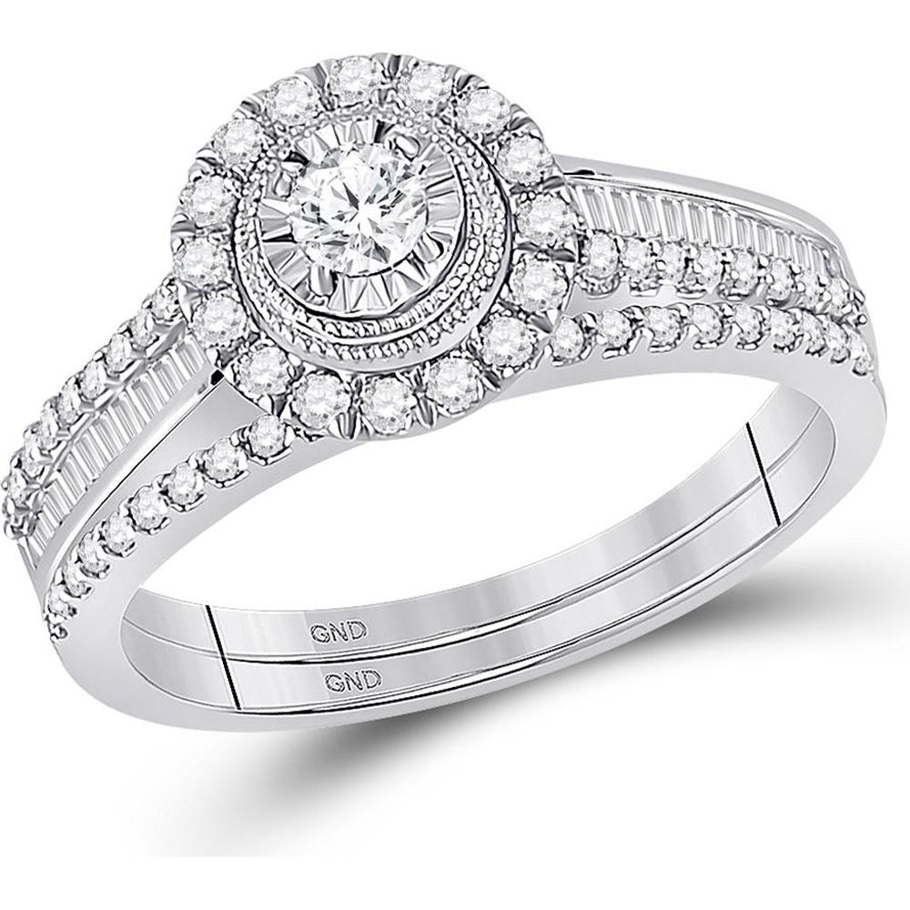 GND 10K White Gold Bridal Wedding Ring Set with Round and Baguette Diamonds - 5/8 Total Carat Weight