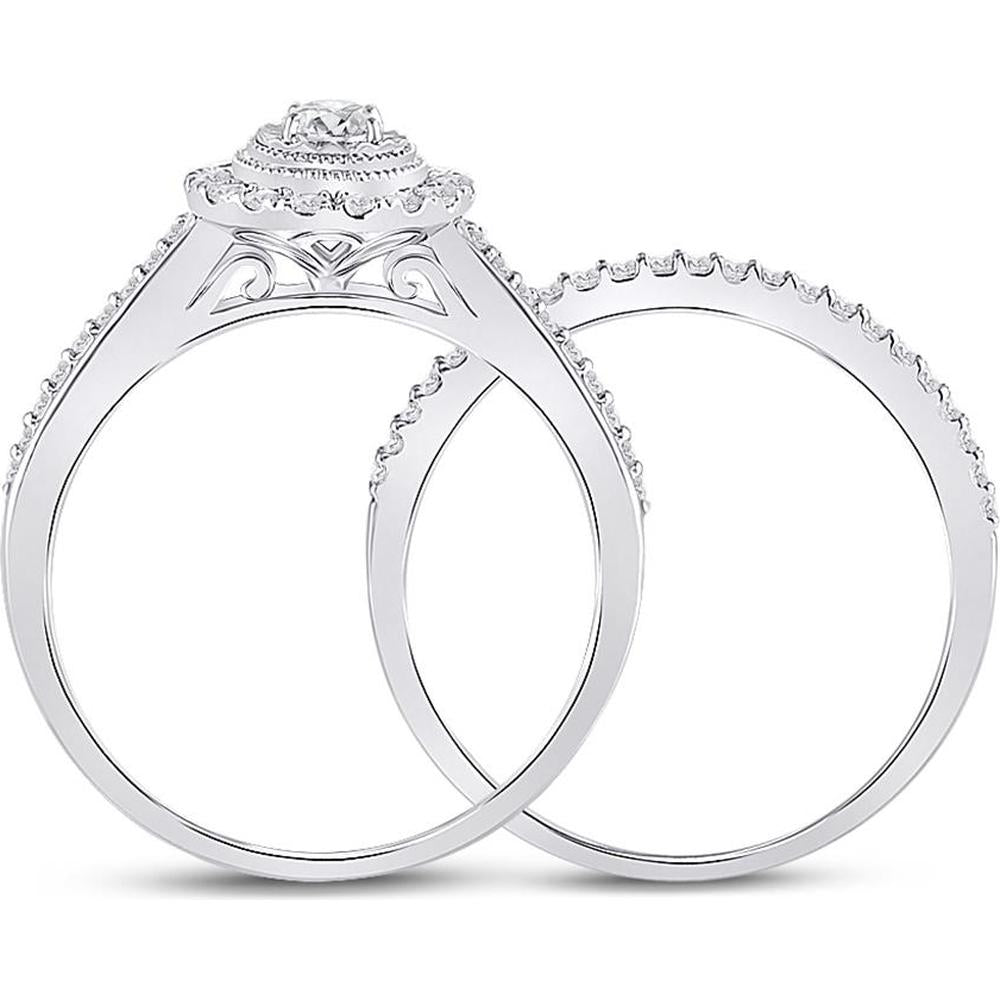 GND 10K White Gold Bridal Wedding Ring Set with Round and Baguette Diamonds - 5/8 Total Carat Weight