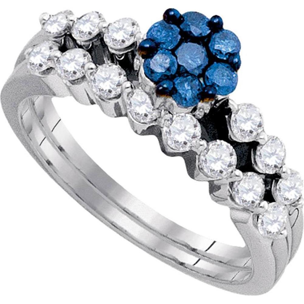GND 10K White Gold Bridal Wedding Ring Set with Round Blue Diamond and Pave White Diamonds - 1.00 Carat Total Diamond Weight