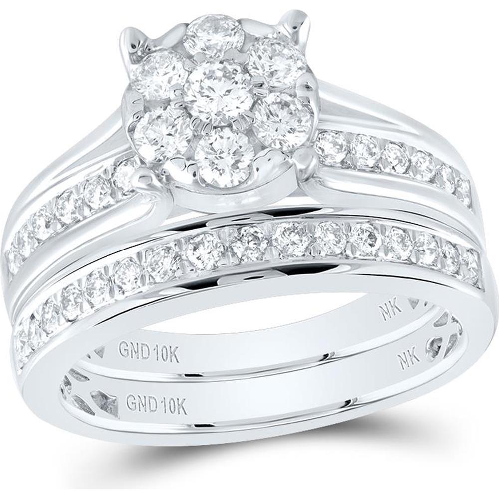 GND 10K White Gold Bridal Wedding Ring Set with Round Diamond Cluster - 1.00 Carat Total Diamond Weight