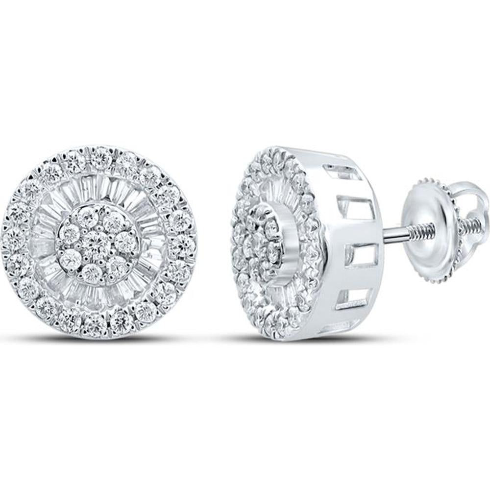 GND 10K White Gold Circle Cluster Earrings with Baguette and Round Diamonds - 1.00 Carat Total Diamond Weight