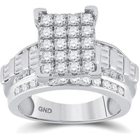 GND 10K White Gold Cluster Bridal Engagement Ring with Pave and Channel Set Round and Baguette Diamonds - 1-1/2 Total Carat Weight