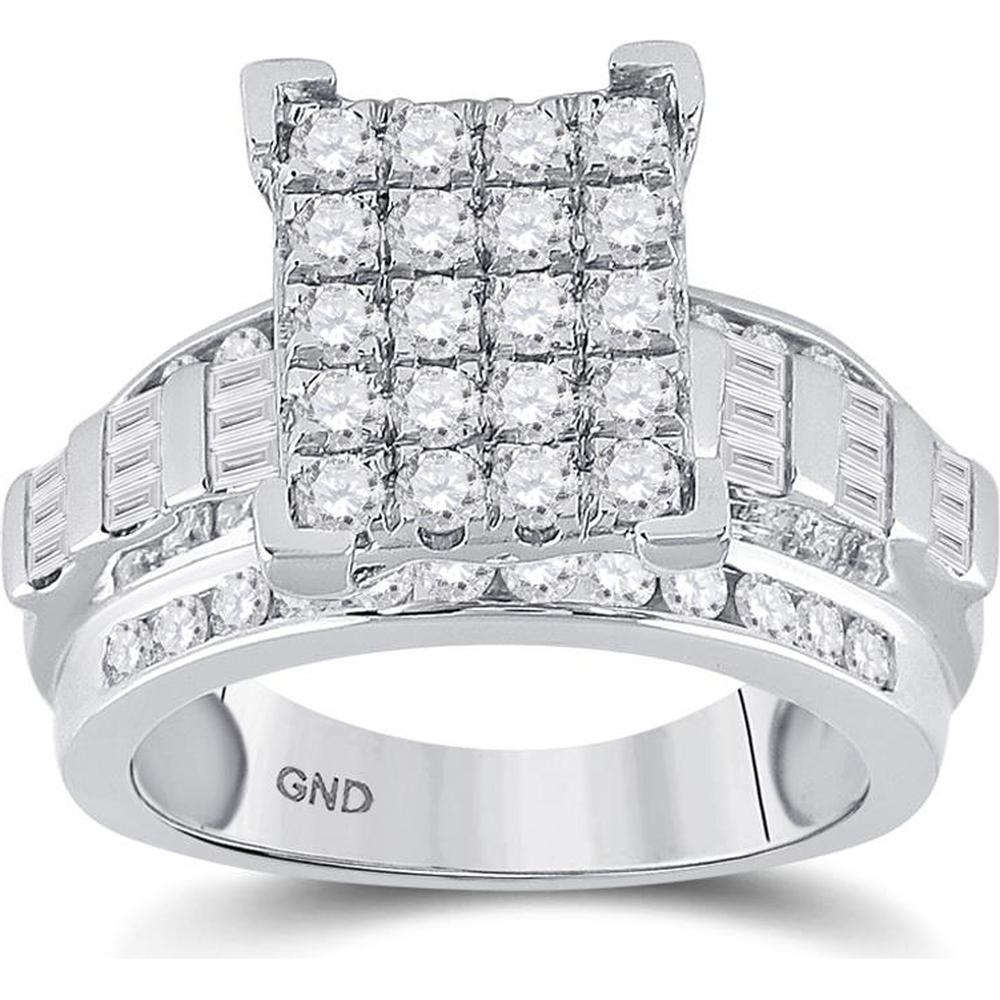 GND 10K White Gold Cluster Bridal Engagement Ring with Pave and Channel Set Round and Baguette Diamonds - 1-1/2 Total Carat Weight