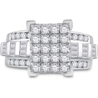 GND 10K White Gold Cluster Bridal Engagement Ring with Pave and Channel Set Round and Baguette Diamonds - 1-1/2 Total Carat Weight