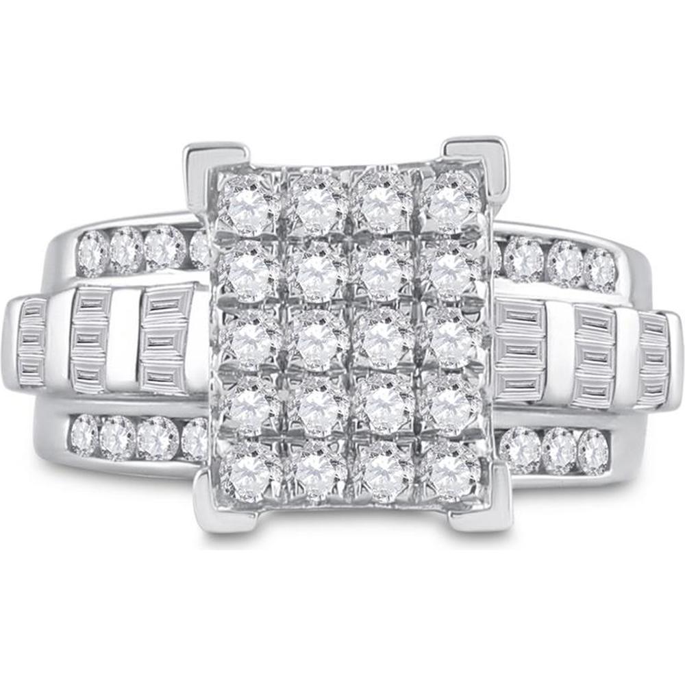 GND 10K White Gold Cluster Bridal Engagement Ring with Pave and Channel Set Round and Baguette Diamonds - 1-1/2 Total Carat Weight