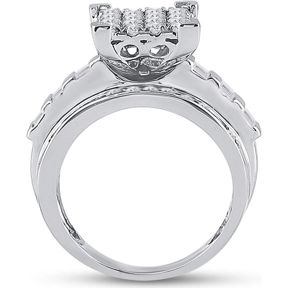 GND 10K White Gold Cluster Bridal Engagement Ring with Pave and Channel Set Round and Baguette Diamonds - 1-1/2 Total Carat Weight