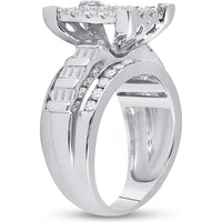 GND 10K White Gold Cluster Bridal Engagement Ring with Pave and Channel Set Round and Baguette Diamonds - 1-1/2 Total Carat Weight