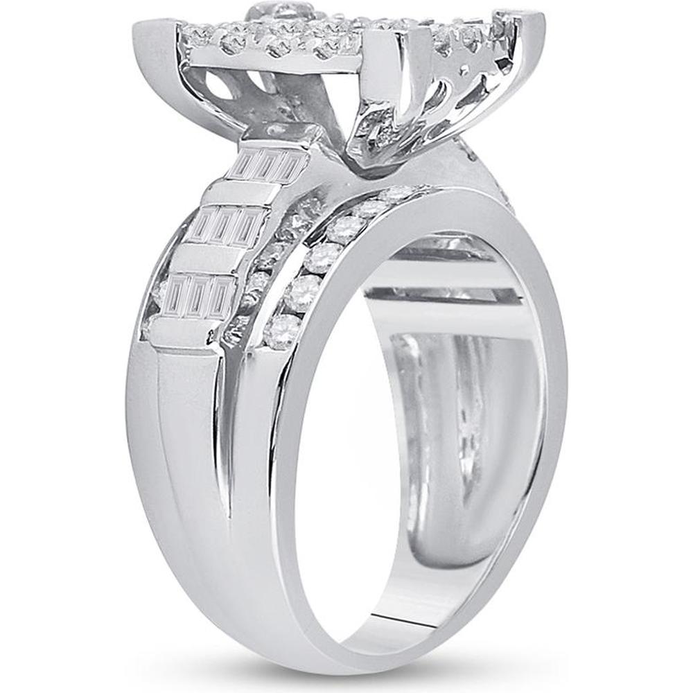 GND 10K White Gold Cluster Bridal Engagement Ring with Pave and Channel Set Round and Baguette Diamonds - 1-1/2 Total Carat Weight