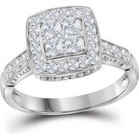 GND 10K White Gold Cluster Bridal Engagement Ring with Pave-Set Round Diamonds - 1.00 Carat Total Diamond Weight