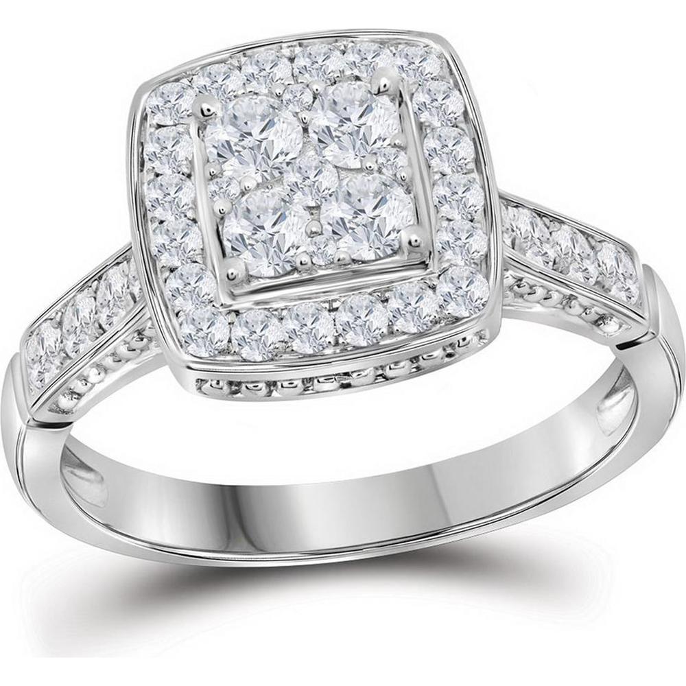 GND 10K White Gold Cluster Bridal Engagement Ring with Pave-Set Round Diamonds - 1.00 Carat Total Diamond Weight