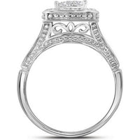 GND 10K White Gold Cluster Bridal Engagement Ring with Pave-Set Round Diamonds - 1.00 Carat Total Diamond Weight