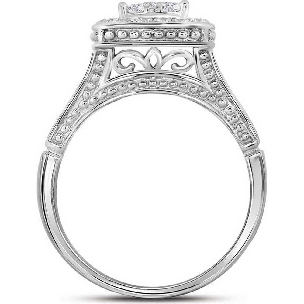 GND 10K White Gold Cluster Bridal Engagement Ring with Pave-Set Round Diamonds - 1.00 Carat Total Diamond Weight