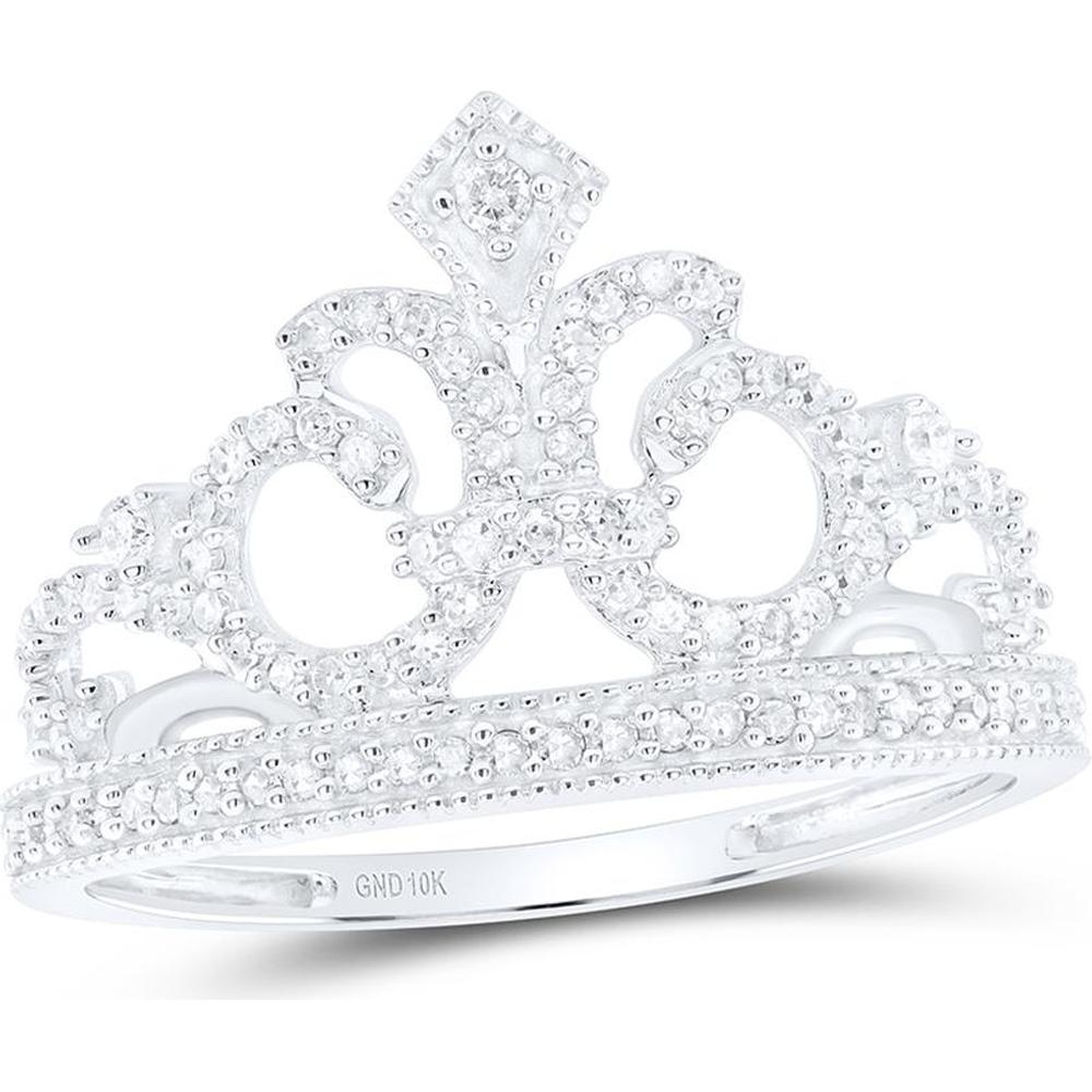 GND 10K White Gold Crown Tiara Fashion Ring with Prong-Set Round Diamonds - 1/5 Carat Total Diamond Weight