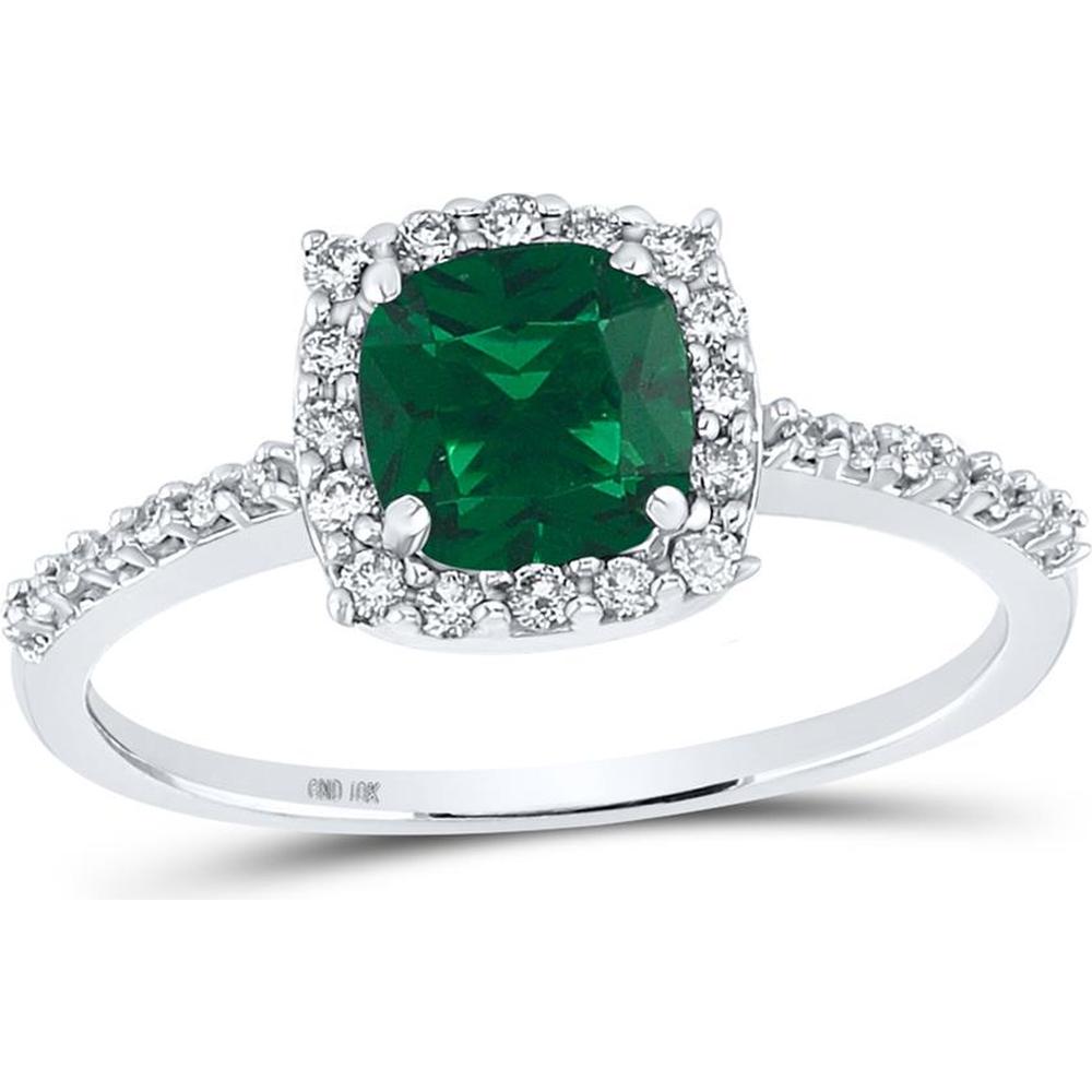 GND 10K White Gold Cushion-Cut Lab-Created Emerald and Diamond Halo Solitaire Ring - 1.20 Carat Total Carat Weight