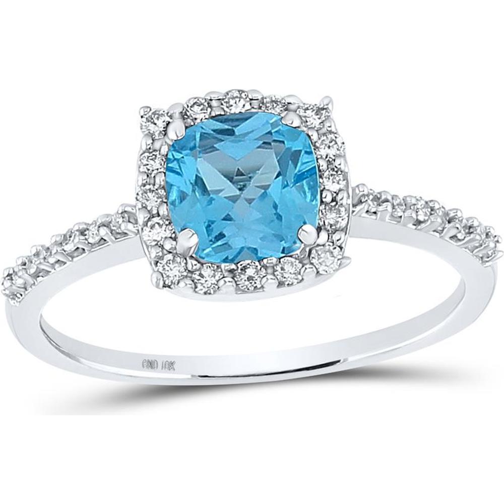 GND 10K White Gold Cushion Cut Synthetic Blue Topaz and Diamond Halo Ring - 1.20 Carat Total Carat Weight